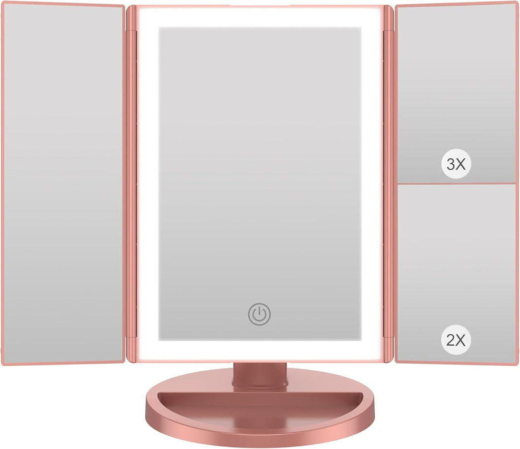 Specchio Trucco Con Luci, Specchio Ingranditore Con 1X/2X/3X, Specchio Led Trucco Tri-Fold Con Touch Screen, Specchio Da Tavolo Supporto USB E Batteria (Oro Rosa)
