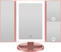 Specchio Trucco Con Luci, Specchio Ingranditore Con 1X/2X/3X, Specchio Led Trucco Tri-Fold Con Touch Screen, Specchio Da Tavolo Supporto USB E Batteria (Oro Rosa)