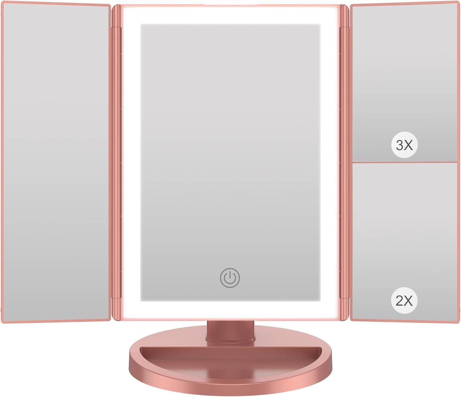 Specchio Trucco Con Luci, Specchio Ingranditore Con 1X/2X/3X, Specchio Led Trucco Tri-Fold Con Touch Screen, Specchio Da Tavolo Supporto USB E Batteria (Oro Rosa)
