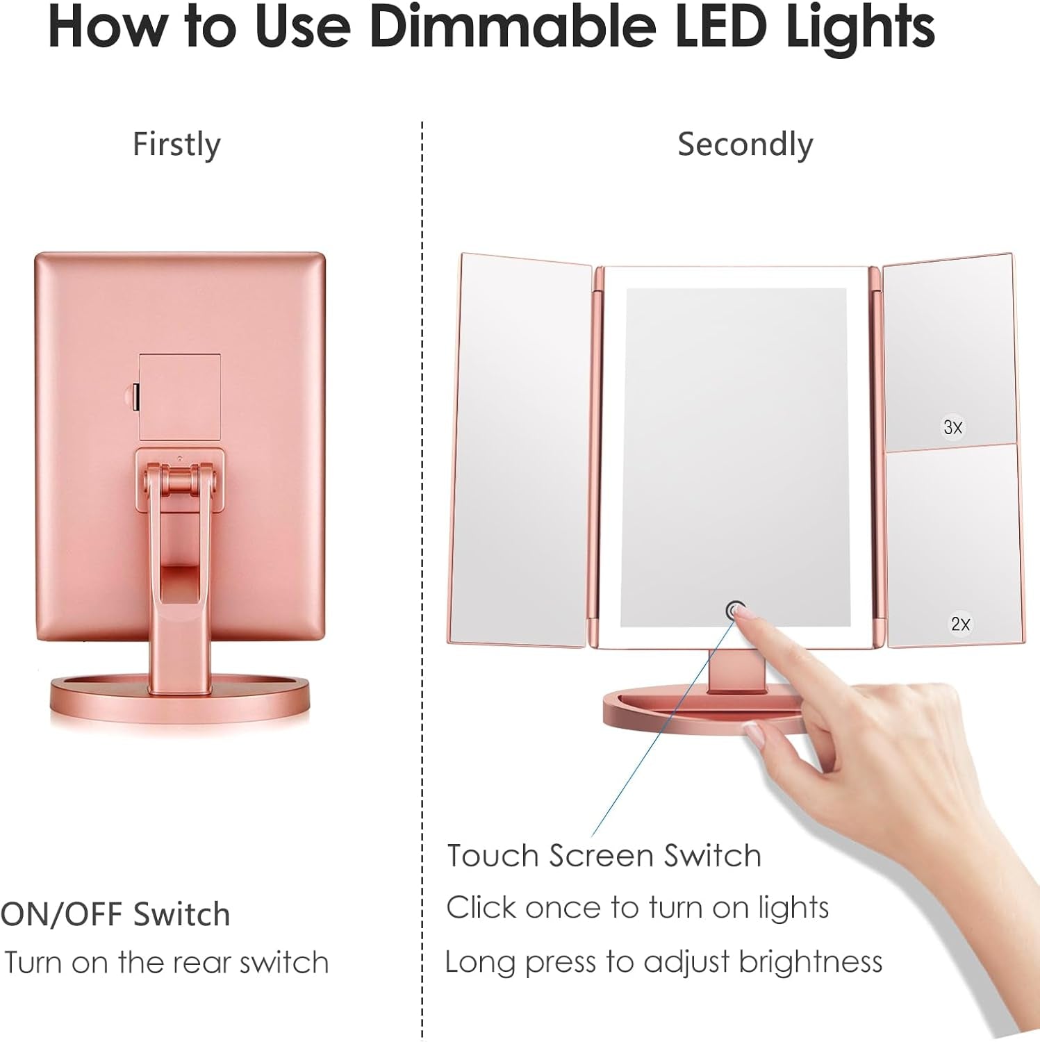 Specchio Trucco Con Luci, Specchio Ingranditore Con 1X/2X/3X, Specchio Led Trucco Tri-Fold Con Touch Screen, Specchio Da Tavolo Supporto USB E Batteria (Oro Rosa)