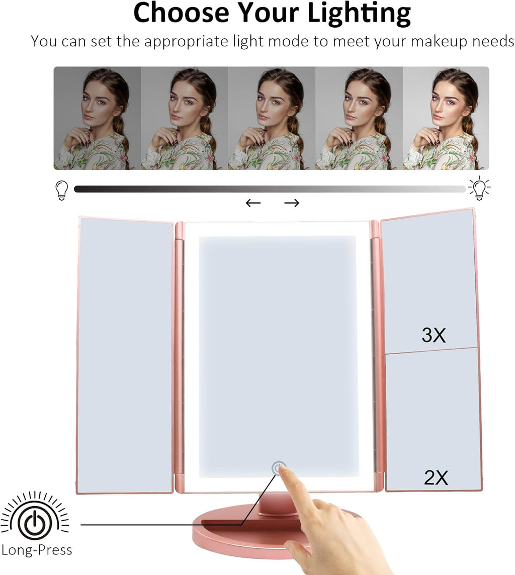 Specchio Trucco Con Luci, Specchio Ingranditore Con 1X/2X/3X, Specchio Led Trucco Tri-Fold Con Touch Screen, Specchio Da Tavolo Supporto USB E Batteria (Oro Rosa)