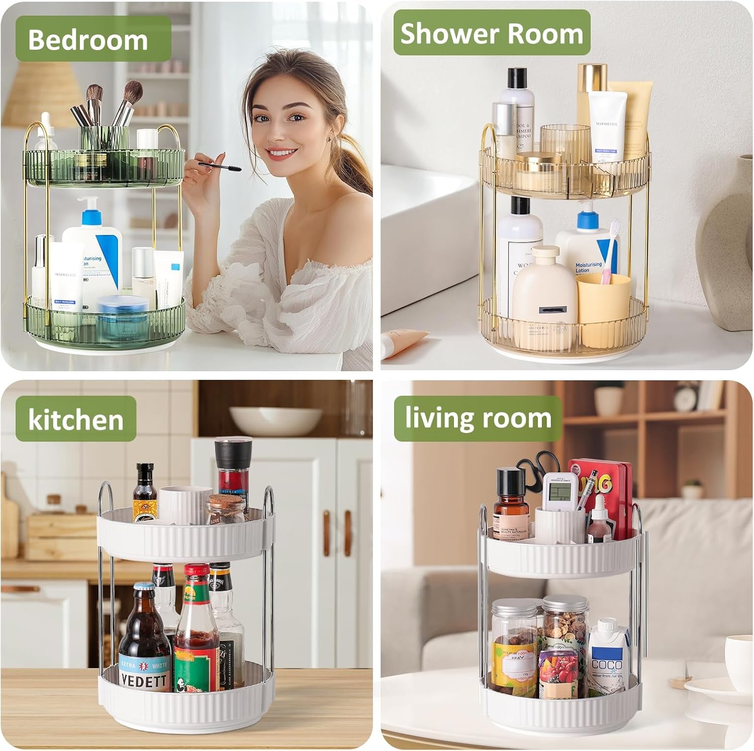 Organizzatore Di Trucco 360° Rotante, Porta Trucchi Multifunzione a 2 Livelli Con Grande Capacità per Cosmetici, Skincare, Pennelli E Accessori, Design Moderno, Verde Scuro