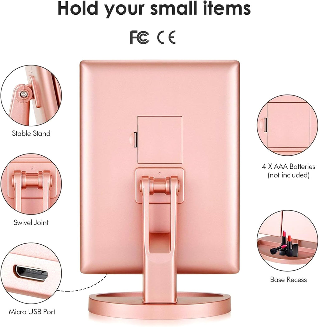 Specchio Trucco Con Luci, Specchio Ingranditore Con 1X/2X/3X, Specchio Led Trucco Tri-Fold Con Touch Screen, Specchio Da Tavolo Supporto USB E Batteria (Oro Rosa)