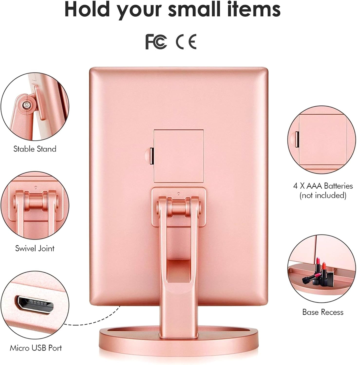 Specchio Trucco Con Luci, Specchio Ingranditore Con 1X/2X/3X, Specchio Led Trucco Tri-Fold Con Touch Screen, Specchio Da Tavolo Supporto USB E Batteria (Oro Rosa)