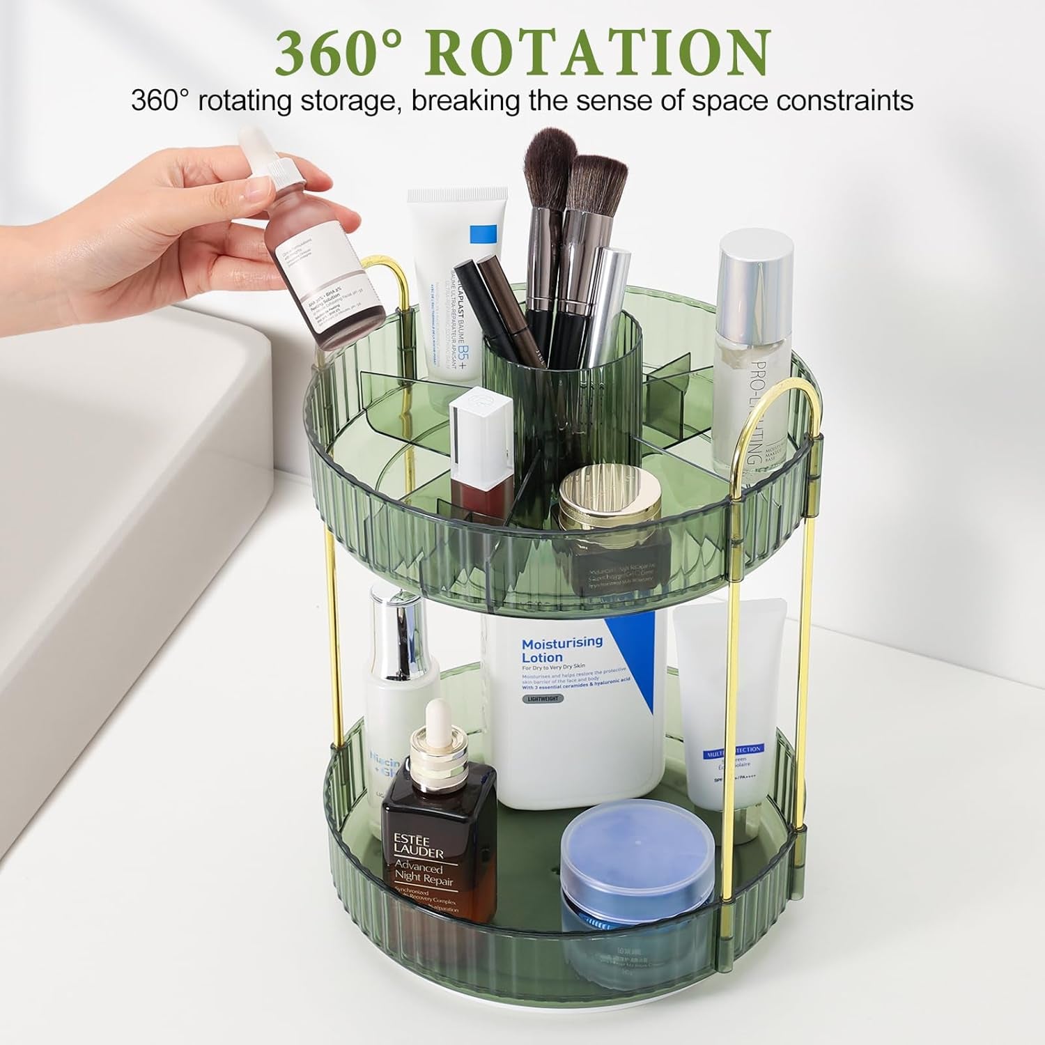 Organizzatore Di Trucco 360° Rotante, Porta Trucchi Multifunzione a 2 Livelli Con Grande Capacità per Cosmetici, Skincare, Pennelli E Accessori, Design Moderno, Verde Scuro