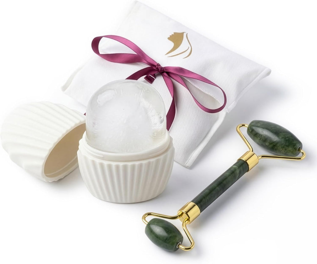 Kit Skincare Viso Completo. Rullo Di Giada, Gua Sha Viso E Ice Roller Viso, Perfetto per Regalo Donna Compleanno. Massaggiatore Viso Antirughe E Crioterapia Naturale.