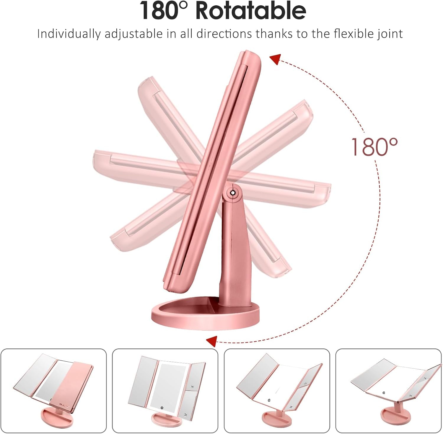 Specchio Trucco Con Luci, Specchio Ingranditore Con 1X/2X/3X, Specchio Led Trucco Tri-Fold Con Touch Screen, Specchio Da Tavolo Supporto USB E Batteria (Oro Rosa)