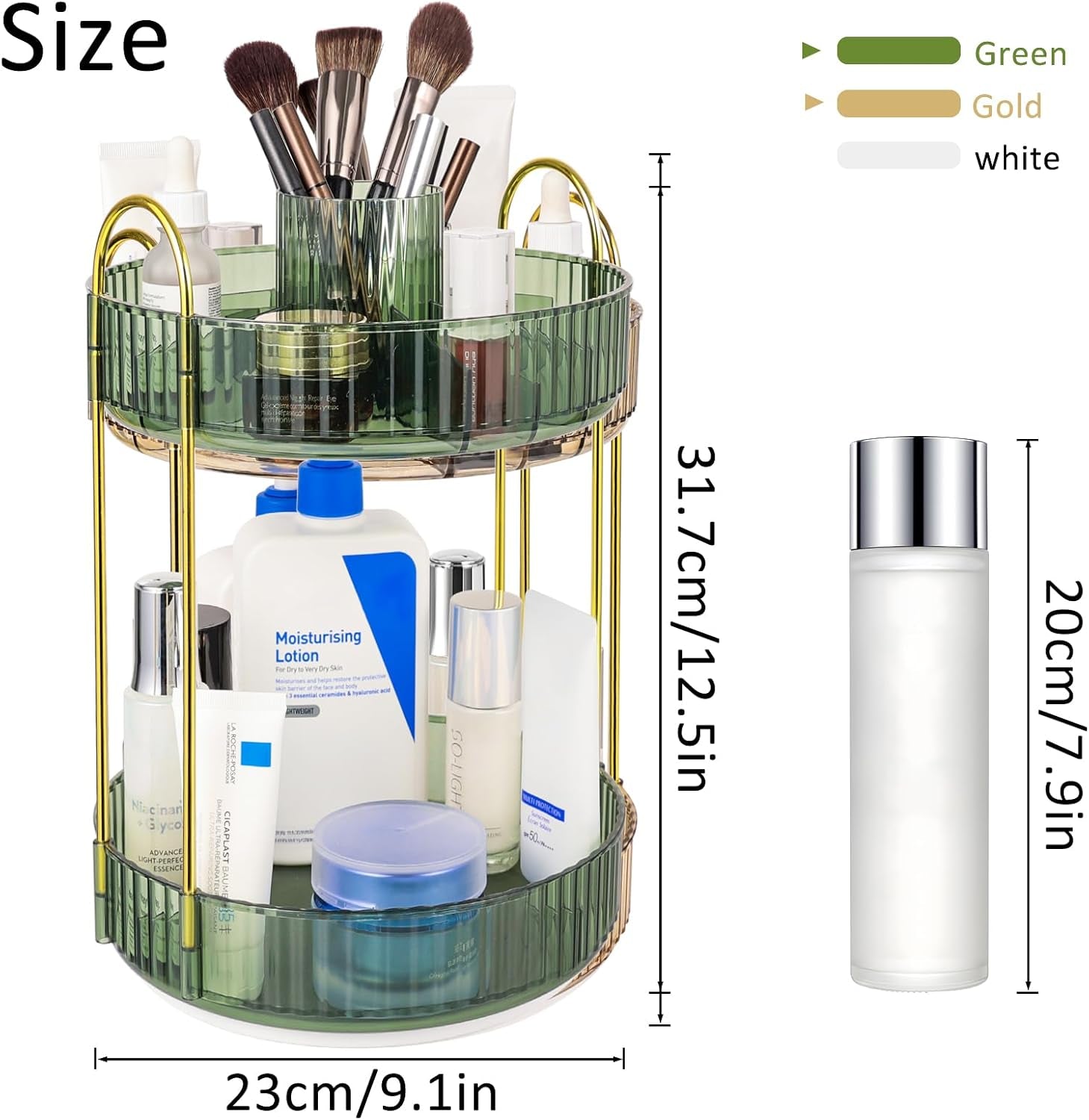Organizzatore Di Trucco 360° Rotante, Porta Trucchi Multifunzione a 2 Livelli Con Grande Capacità per Cosmetici, Skincare, Pennelli E Accessori, Design Moderno, Verde Scuro