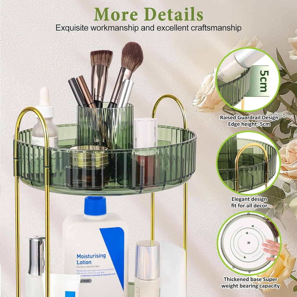 Organizzatore Di Trucco 360° Rotante, Porta Trucchi Multifunzione a 2 Livelli Con Grande Capacità per Cosmetici, Skincare, Pennelli E Accessori, Design Moderno, Verde Scuro