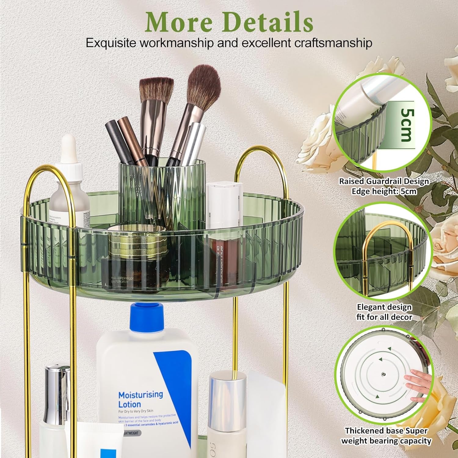 Organizzatore Di Trucco 360° Rotante, Porta Trucchi Multifunzione a 2 Livelli Con Grande Capacità per Cosmetici, Skincare, Pennelli E Accessori, Design Moderno, Verde Scuro