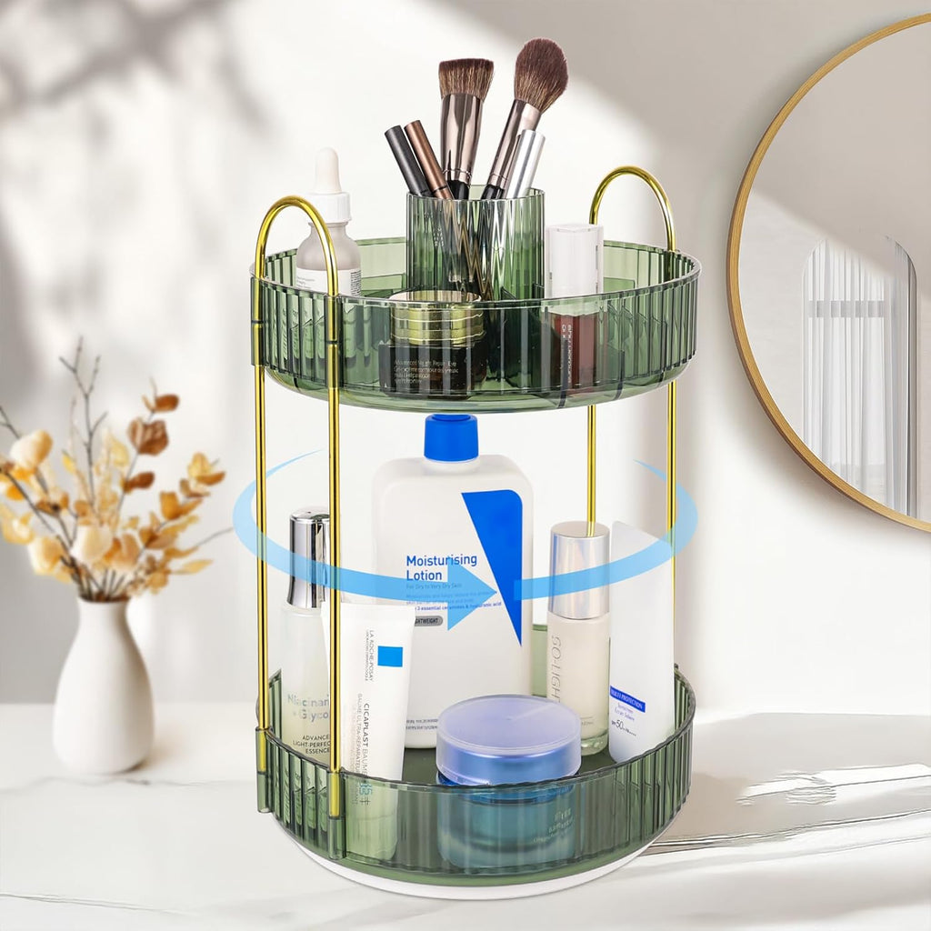 Organizzatore Di Trucco 360° Rotante, Porta Trucchi Multifunzione a 2 Livelli Con Grande Capacità per Cosmetici, Skincare, Pennelli E Accessori, Design Moderno, Verde Scuro