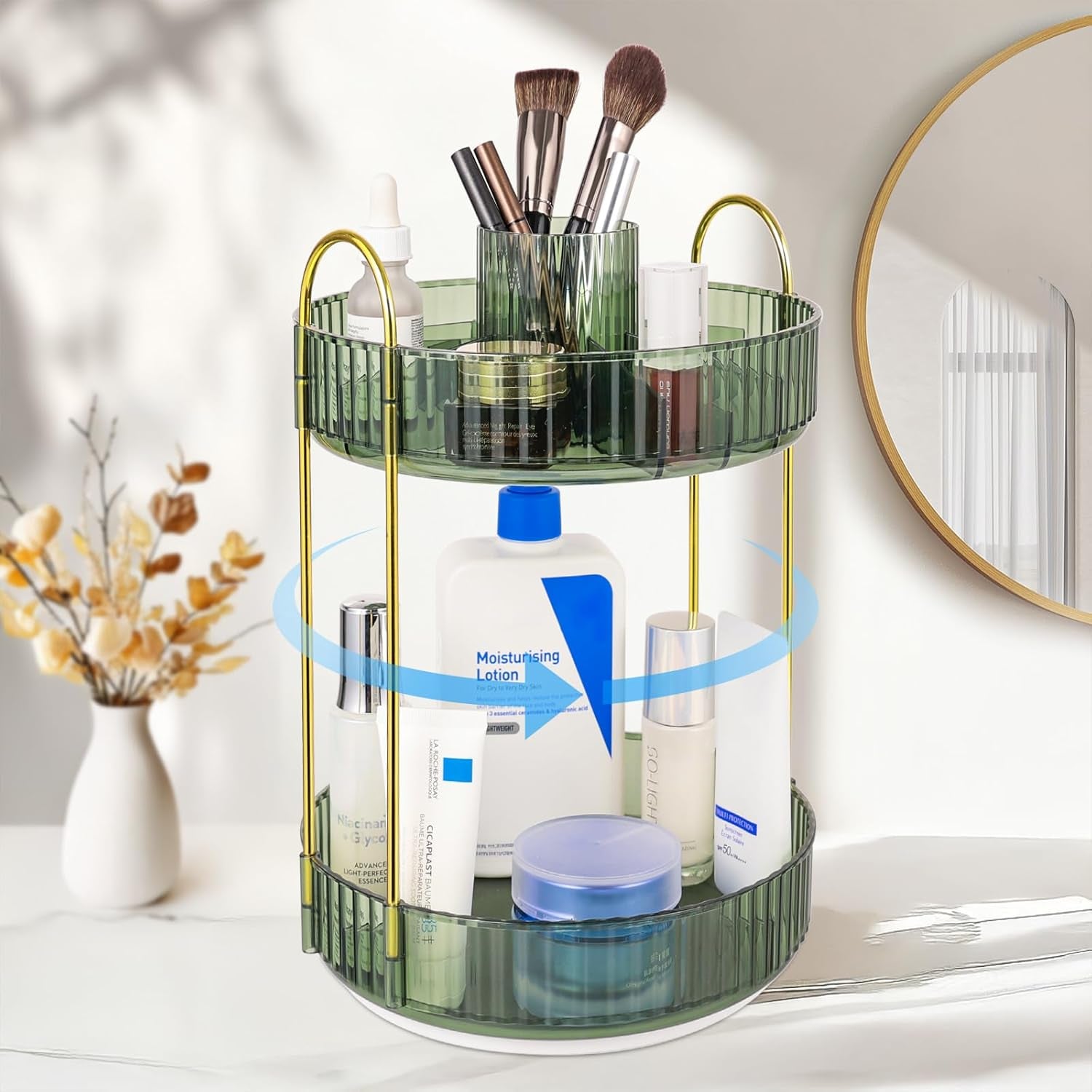Organizzatore Di Trucco 360° Rotante, Porta Trucchi Multifunzione a 2 Livelli Con Grande Capacità per Cosmetici, Skincare, Pennelli E Accessori, Design Moderno, Verde Scuro