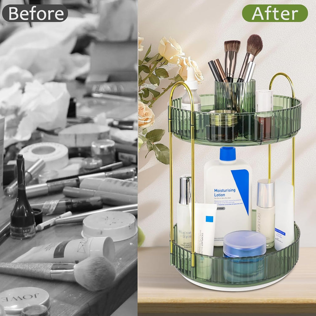 Organizzatore Di Trucco 360° Rotante, Porta Trucchi Multifunzione a 2 Livelli Con Grande Capacità per Cosmetici, Skincare, Pennelli E Accessori, Design Moderno, Verde Scuro