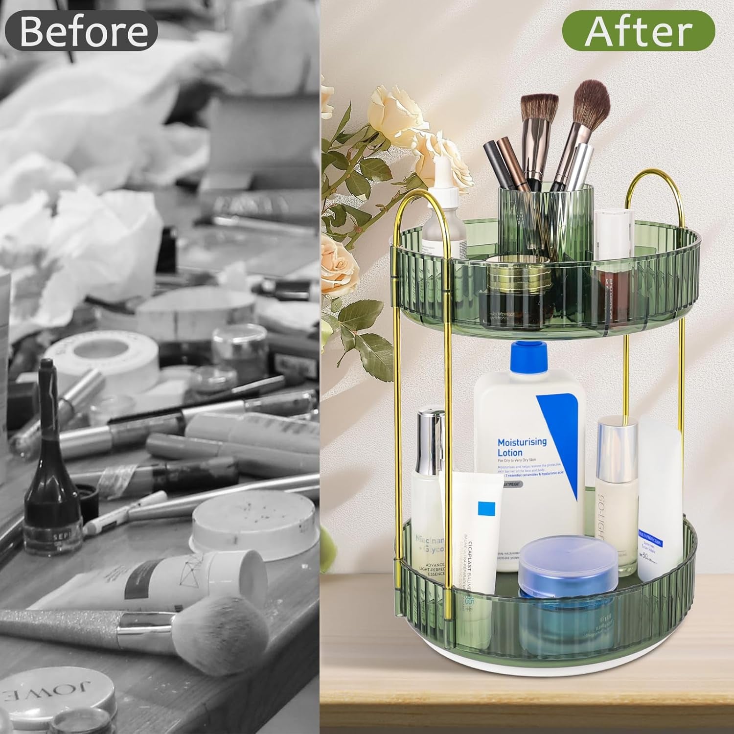 Organizzatore Di Trucco 360° Rotante, Porta Trucchi Multifunzione a 2 Livelli Con Grande Capacità per Cosmetici, Skincare, Pennelli E Accessori, Design Moderno, Verde Scuro